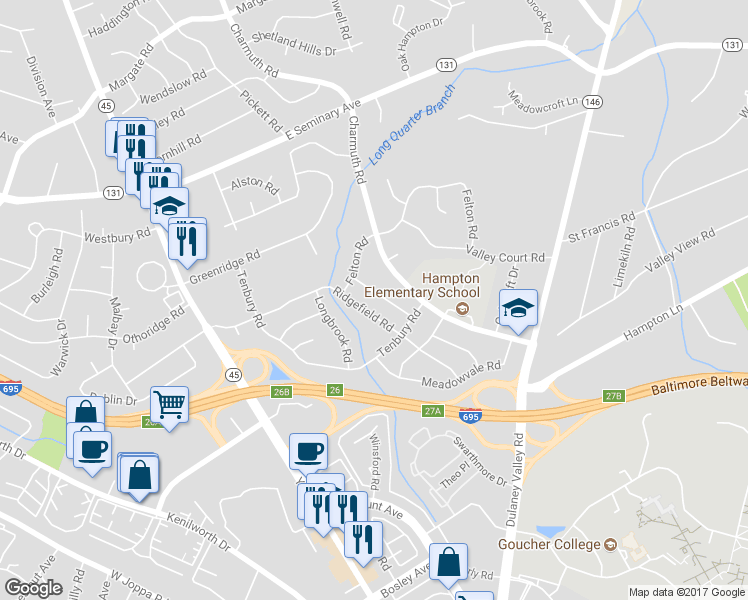 map of restaurants, bars, coffee shops, grocery stores, and more near 1212 Longford Road in Lutherville-Timonium