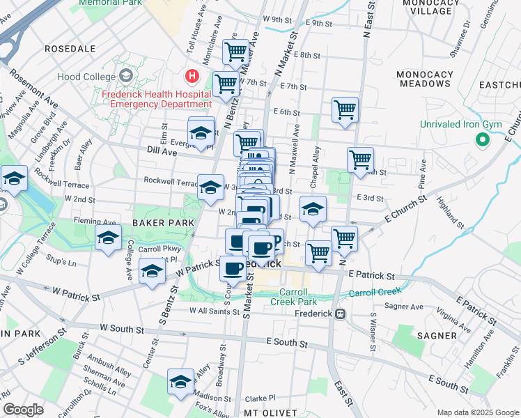 map of restaurants, bars, coffee shops, grocery stores, and more near 214 North Market Street in Frederick