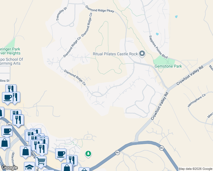 map of restaurants, bars, coffee shops, grocery stores, and more near 1325 Diamond Ridge Circle in Castle Rock