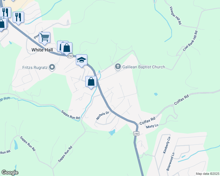 map of restaurants, bars, coffee shops, grocery stores, and more near Brenda Lane in Fairmont