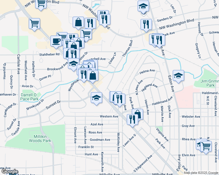 map of restaurants, bars, coffee shops, grocery stores, and more near 1180 Highland Avenue in Hamilton