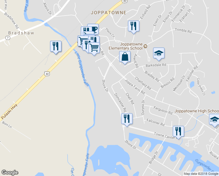 map of restaurants, bars, coffee shops, grocery stores, and more near 218 Doncaster Road in Joppa