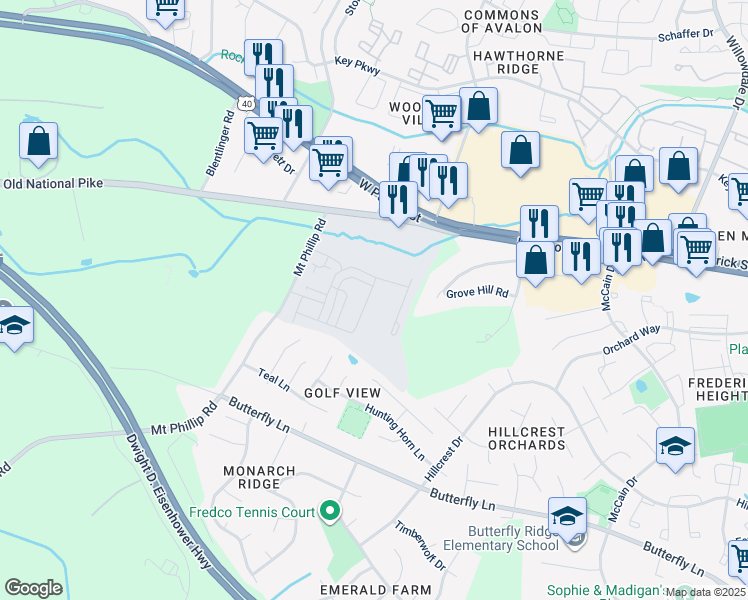 map of restaurants, bars, coffee shops, grocery stores, and more near 318 Pemberton Park Lane in Frederick