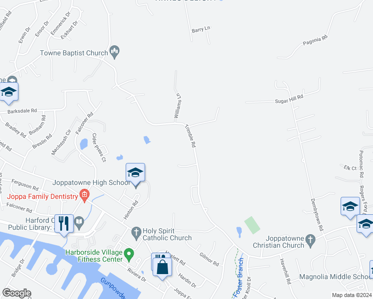map of restaurants, bars, coffee shops, grocery stores, and more near 615 Trimble Road in Harford County