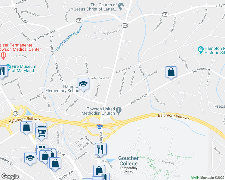 map of restaurants, bars, coffee shops, grocery stores, and more near 1221 Dulaney Valley Road in Towson