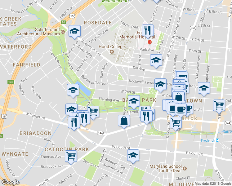 map of restaurants, bars, coffee shops, grocery stores, and more near 408 West 2nd Street in Frederick