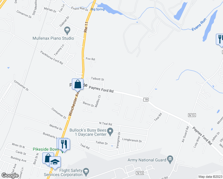map of restaurants, bars, coffee shops, grocery stores, and more near 243 Paynes Ford Road in Martinsburg
