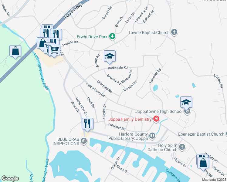 map of restaurants, bars, coffee shops, grocery stores, and more near 807 Chatfield Road in Harford County