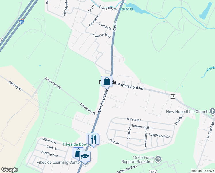 map of restaurants, bars, coffee shops, grocery stores, and more near 2986 U.S. 11 in Martinsburg