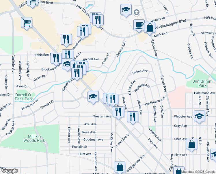 map of restaurants, bars, coffee shops, grocery stores, and more near 1180 Highland Avenue in Hamilton
