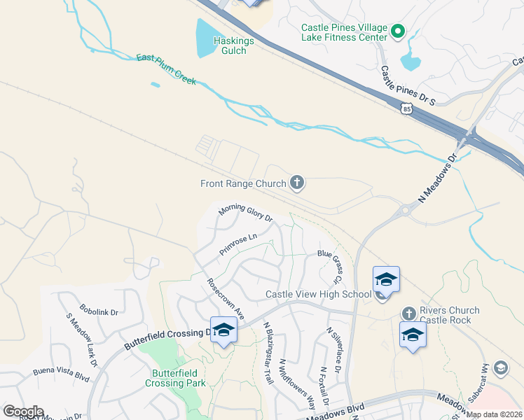 map of restaurants, bars, coffee shops, grocery stores, and more near 3601 Morning Glory Drive in Castle Rock