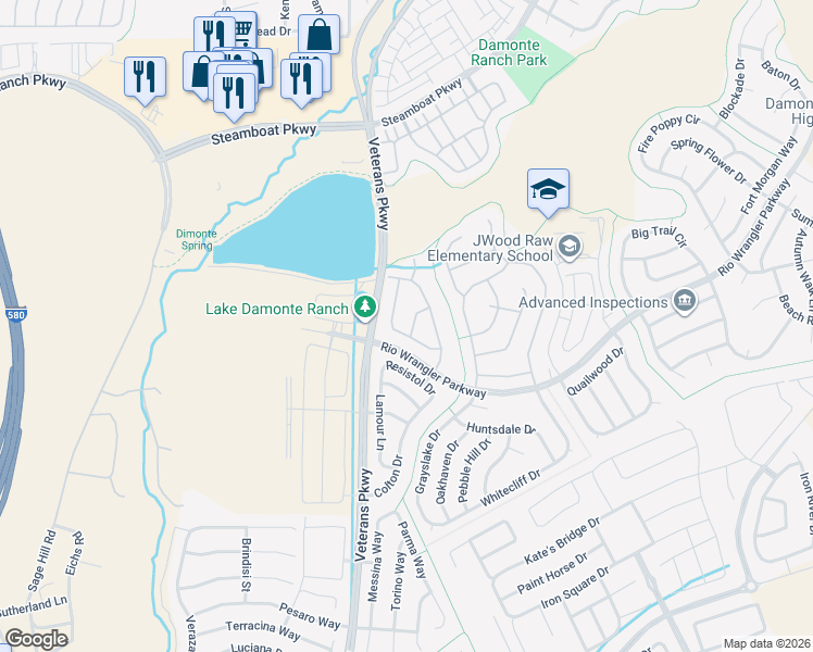 map of restaurants, bars, coffee shops, grocery stores, and more near 10885 Pentwater Drive in Reno
