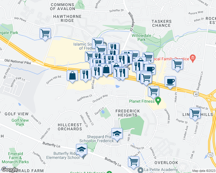 map of restaurants, bars, coffee shops, grocery stores, and more near 63 Apple Way in Frederick