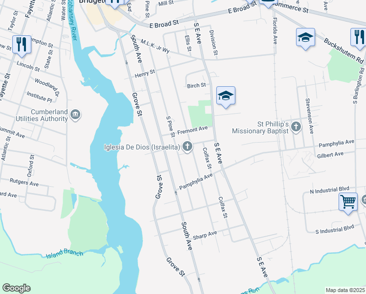 map of restaurants, bars, coffee shops, grocery stores, and more near 22 Garfield Avenue in Bridgeton