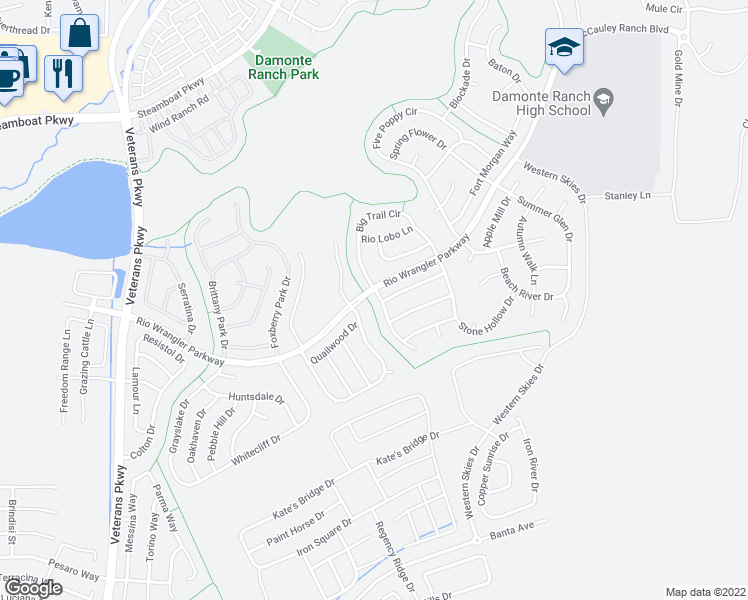 map of restaurants, bars, coffee shops, grocery stores, and more near 2300 Copper Springs Drive in Reno