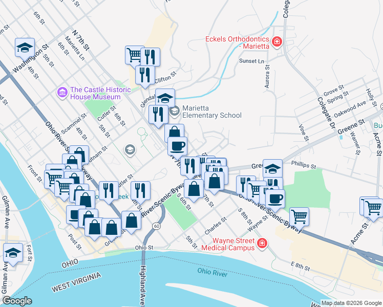 map of restaurants, bars, coffee shops, grocery stores, and more near 714 Orchard Street in Marietta