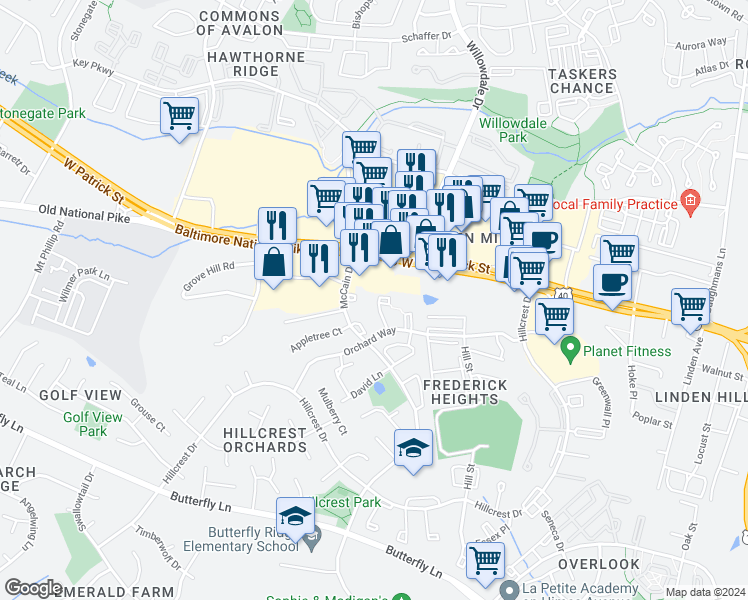 map of restaurants, bars, coffee shops, grocery stores, and more near 47 Apple Way in Frederick