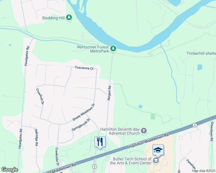 map of restaurants, bars, coffee shops, grocery stores, and more near 5787 Reigart Road in Fairfield