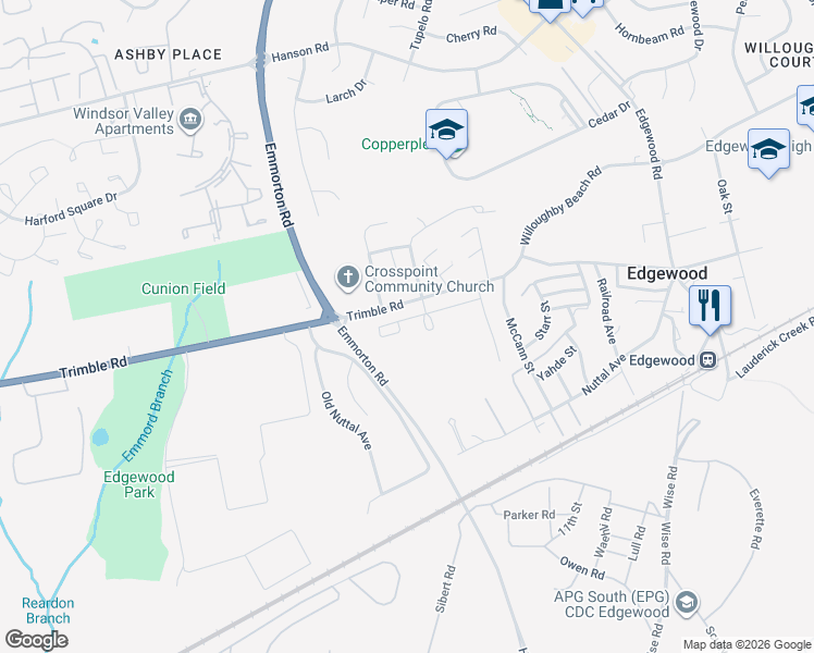 map of restaurants, bars, coffee shops, grocery stores, and more near 1804 Graymount Way in Edgewood