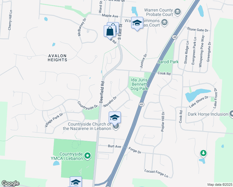 map of restaurants, bars, coffee shops, grocery stores, and more near 1145 Navaho Drive in Lebanon