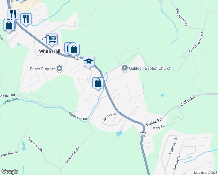 map of restaurants, bars, coffee shops, grocery stores, and more near 3105 White Hall Boulevard in Fairmont