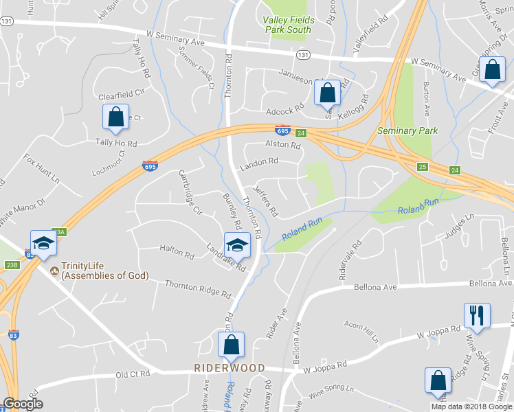 map of restaurants, bars, coffee shops, grocery stores, and more near 1625 Jeffers Road in Towson