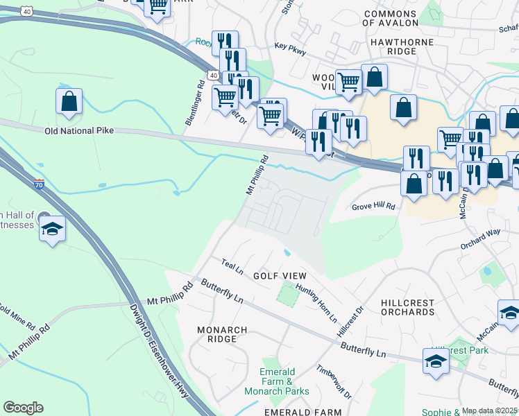 map of restaurants, bars, coffee shops, grocery stores, and more near 1611 Tydings Park Road in Frederick