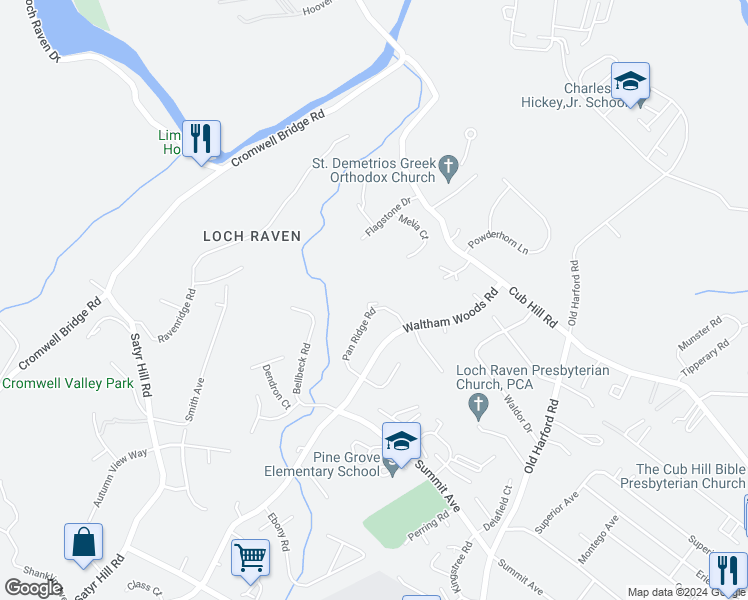 map of restaurants, bars, coffee shops, grocery stores, and more near 9359 Pan Ridge Road in Parkville