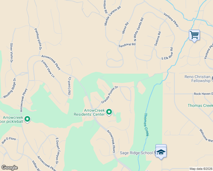 map of restaurants, bars, coffee shops, grocery stores, and more near 2956 Flint Ridge Court in Reno