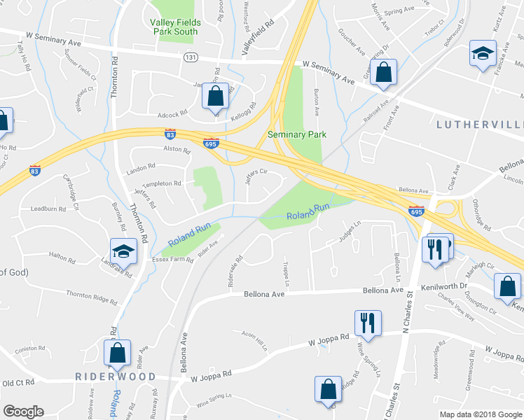 map of restaurants, bars, coffee shops, grocery stores, and more near 1423 Jeffers Road in Towson