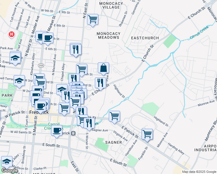 map of restaurants, bars, coffee shops, grocery stores, and more near 532 East Church Street in Frederick