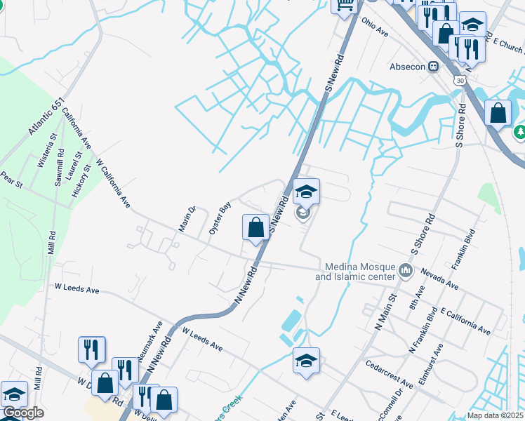 map of restaurants, bars, coffee shops, grocery stores, and more near 13 Oyster Bay in Absecon