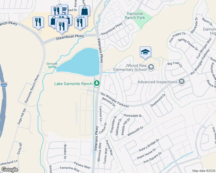 map of restaurants, bars, coffee shops, grocery stores, and more near 10885 Pentwater Drive in Reno