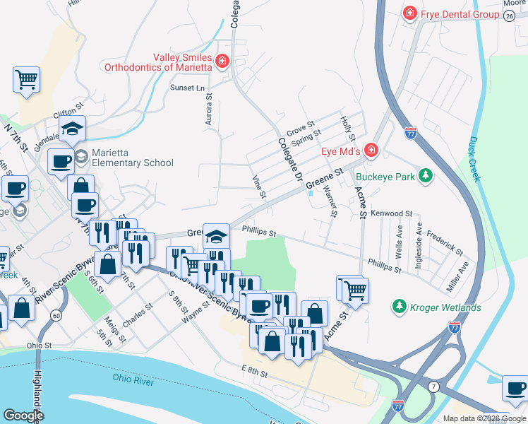 map of restaurants, bars, coffee shops, grocery stores, and more near 844 Greene Street in Marietta