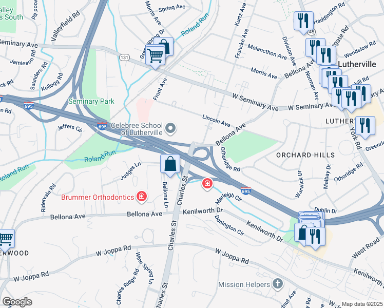 map of restaurants, bars, coffee shops, grocery stores, and more near 7201 North Charles Street in Lutherville-Timonium