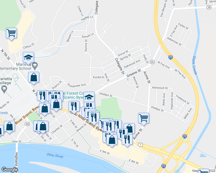 map of restaurants, bars, coffee shops, grocery stores, and more near 852 Greene Street in Marietta