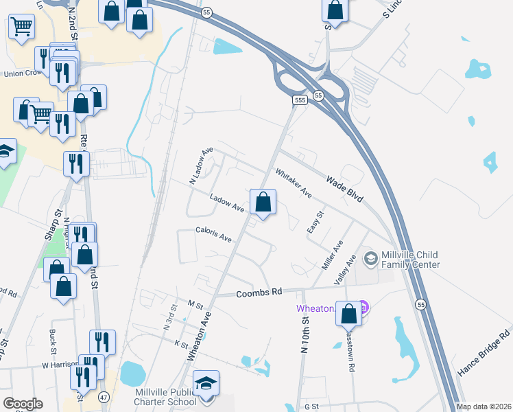 map of restaurants, bars, coffee shops, grocery stores, and more near 2033 Wheaton Avenue in Millville