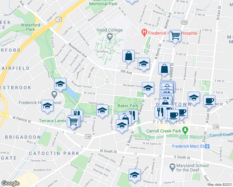 map of restaurants, bars, coffee shops, grocery stores, and more near 315 West 2nd Street in Frederick