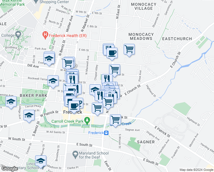 map of restaurants, bars, coffee shops, grocery stores, and more near 252 East 3rd Street in Frederick