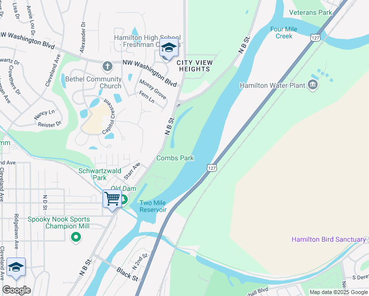 map of restaurants, bars, coffee shops, grocery stores, and more near 1250 N B St in Hamilton