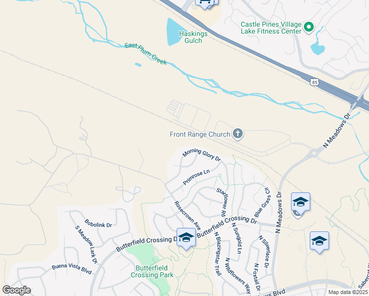map of restaurants, bars, coffee shops, grocery stores, and more near 3801 Morning Glory Drive in Castle Rock