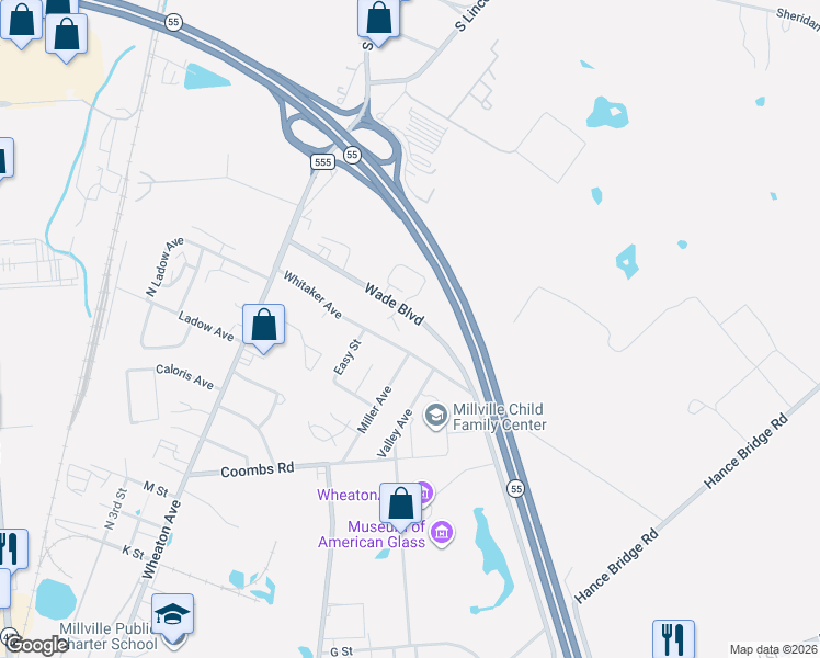 map of restaurants, bars, coffee shops, grocery stores, and more near Whitaker Court in Millville