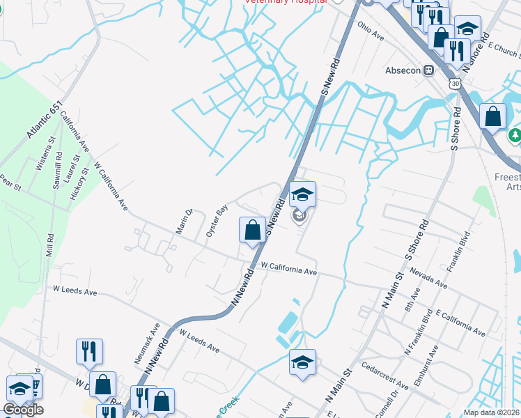map of restaurants, bars, coffee shops, grocery stores, and more near 701 South New Road in Absecon