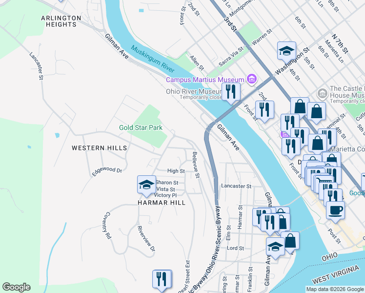 map of restaurants, bars, coffee shops, grocery stores, and more near 106 Bartlett Street in Marietta