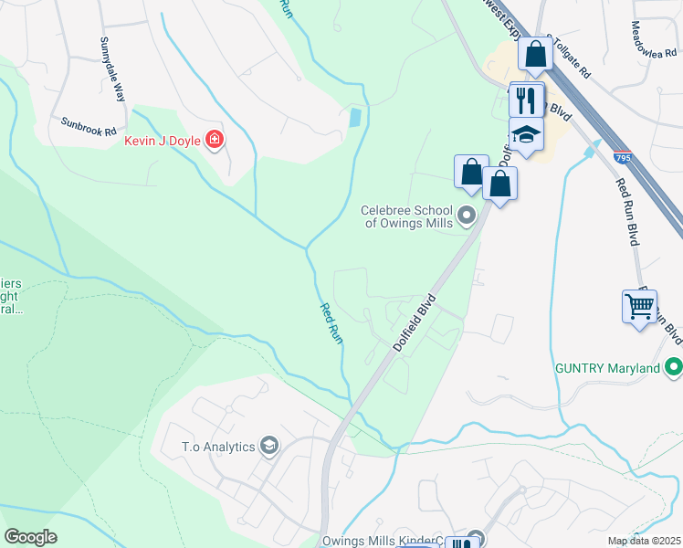 map of restaurants, bars, coffee shops, grocery stores, and more near 9750 Mill Centre Drive in Owings Mills