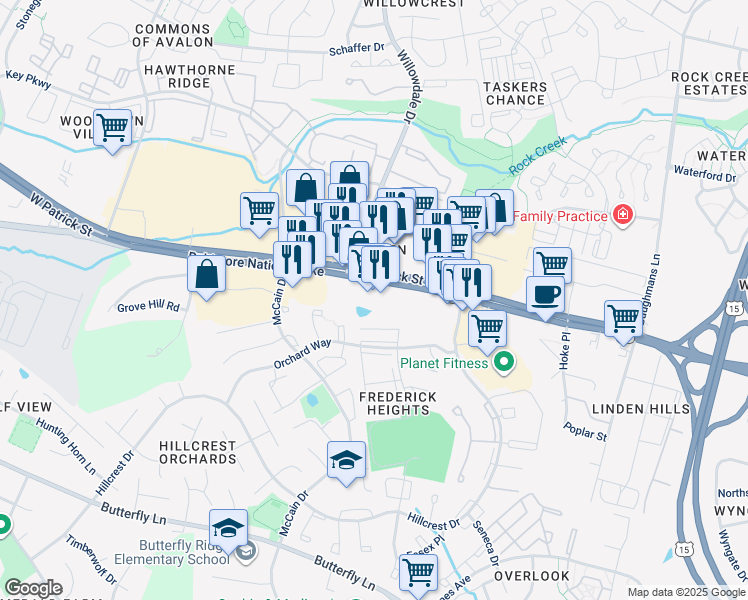 map of restaurants, bars, coffee shops, grocery stores, and more near 1170 West Patrick Street in Frederick