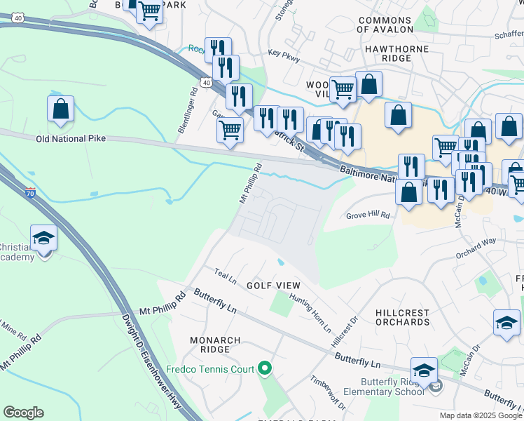 map of restaurants, bars, coffee shops, grocery stores, and more near 1547 Wilmer Park lane in Frederick