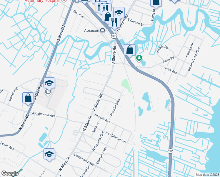 map of restaurants, bars, coffee shops, grocery stores, and more near 26 East Lee Avenue in Absecon