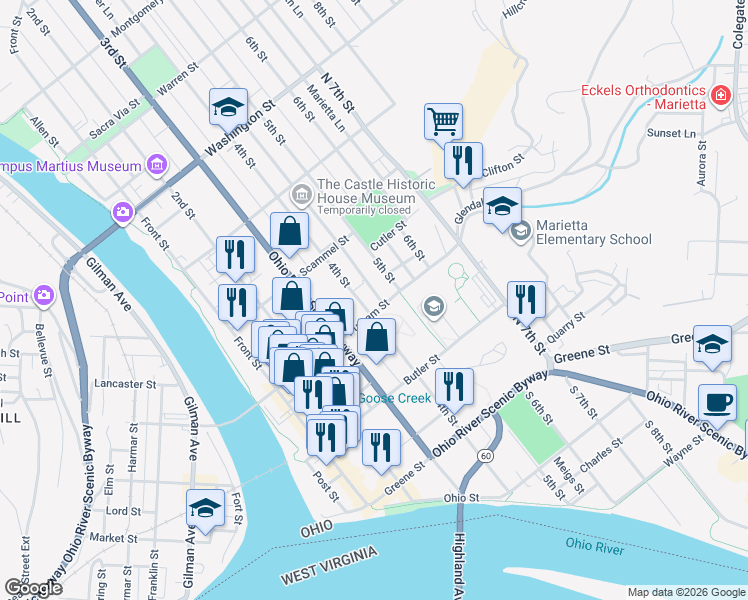 map of restaurants, bars, coffee shops, grocery stores, and more near 300 4th Street in Marietta