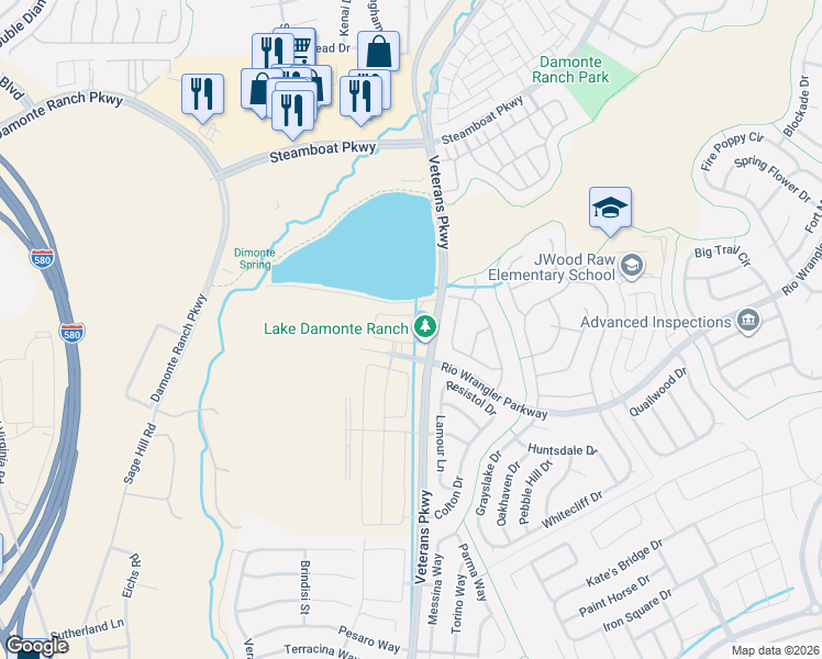 map of restaurants, bars, coffee shops, grocery stores, and more near 607 riverbed Circle in Reno